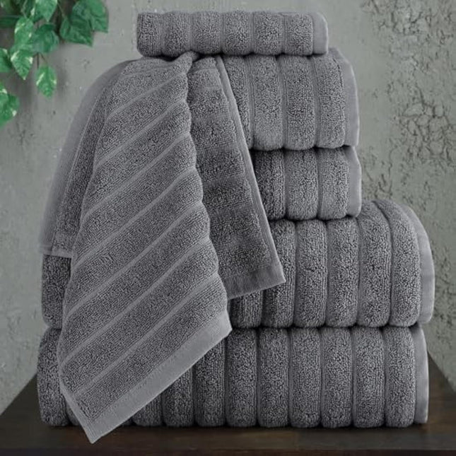 BERIBO Turkish Towel Set 100% Cotton (Cloud) 6 Pieces, 620gsm (Grey)