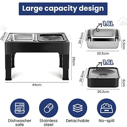 PETTOM Raised Dog Bowl 2x1600ML, Dog Bowls with Stand 4 Height Adjustable for Large Medium Small Dogs, Non Spill Dog Water Bowl & Stainless Steel Dog Food Bowl Set