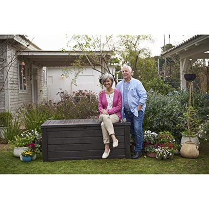 Keter Westwood 570L Outdoor 75% recycled Garden Furniture Storage Box Brown Wood Panel Effect ; Fade Free ; All Weather Resistant ; Safe and Secure ; Zero Maintenance ; 2 year Warranty