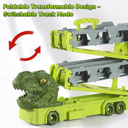 VATOS Transport Truck Toys for Boys Ages 3-8, Portable Dinosaur Race Track With 6 Cars Carrier Vehicle Set for Kids