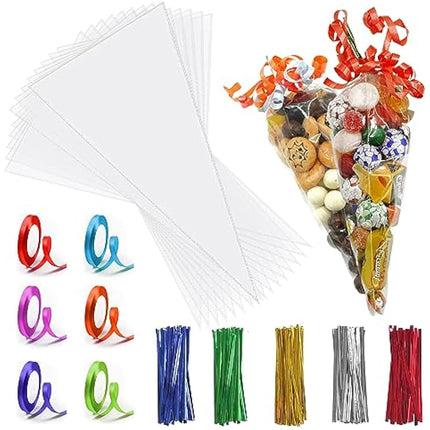 Sweet Cone Bags with Twist Ties and Ribbons, 100Pcs Cellophane Crystal Clear Sweet bags, Triangle Sweet Party Cones Bags Perfect for Halloween, Christmas and many more (16x30cm - Pack of 200)