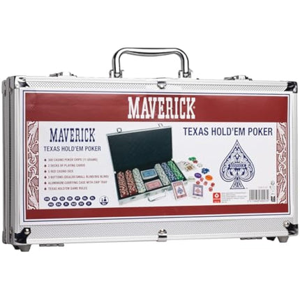Cartamundi Maverick Texas Hold'em Poker Set, 300 Piece in Aluminium Case with 11.5g Heavyweight Poker Chips, 2 Decks of Playing Cards, Dealer Big Blind and Small Blind Buttons and 5 Dice, Grey
