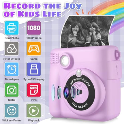 Instant Print Camera, Kids Camera Digital Camera 1080P HD Photo and Video Recording with 32G SD Card, 3 Rolls Photo Paper & Colour Pen for Age 6-12 Boys and Girls Birthday Chirstmas Gifts