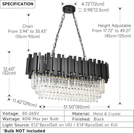 AOOCHOK Modern Crystal Chandelier Black Pendant Light Fixtures, Oval Crystal Pendant Lighting for Living Room, Dining Room, Bedroom, Restaurant, E14 x 8, 80 x 35 cm