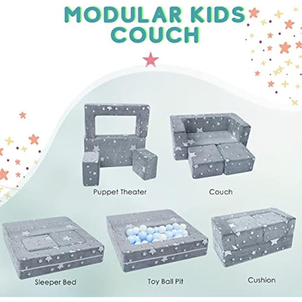 MeMoreCool Kids Sofa Bed, Modular Toddler Couch, Glow in The Dark Stars Kids Chair Lounger Fold Out, Baby Mini Couch Bedroom Furniture for Playroom, Grey Star