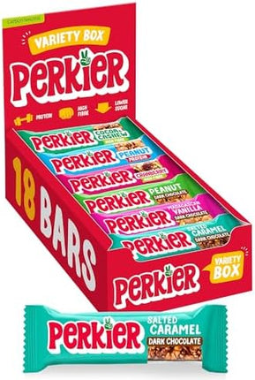 Perkier Variety Box,18 bars, 6 Flavours, Vegan, Gluten Free, Protein, High Fibre, Lower Sugar Snack, Natural Ingredients, Lower Calorie, Healthy, No Palm Oil, Nut Bar, Carbon Neutral
