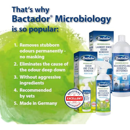 Bactador Odor and Stain Remover Concentrate 5L - Biological enzyme cleaner against sweat, smoke, cat urine, dog urine, animal odors - For household, car & animal environment