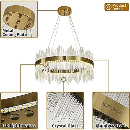 AOOCHOK Modern Crystal Chandelier Gold Ceiling Lights, LED Pendant Light Round, Crystal Hanging Lamp for Living Room, Dining Room, Bedroom, Restaurant, ∅60 cm