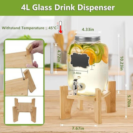 Hisredsun 2 x 4L Glass Drink Dispenser with Stand,Beverage Dispenser, Glass Water Juice Dispensers with Tap, Water jug with tap Perfect for Parties/Weddings/Birthdays