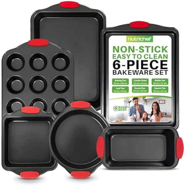 Nutrichef 6-Piece Steel Nonstick Bakeware Set - Carbon Steel Baking Tray Set w/Heatsafe Red Silicone Handles, Oven Safe Up to 450°F, Loaf Muffin Round, Cookie Sheet, Baking Pan NCSBS6S , Black