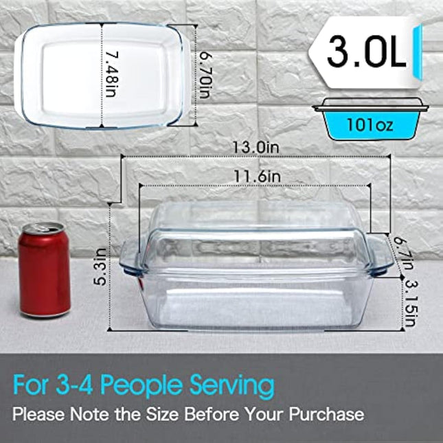 NUTRIUPS 3 Liter Rectangular Glass Casserole Dish With Glass Lid Glass Bakeware Glass Microwave Casserole Dish Lidded Oven Cookware, Clear (NUTR-FGBLB-01)