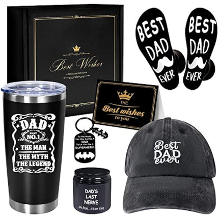 AYGE Dad Gifts from Daughter Wife Son, Awesome Dad Gifts, 6pcs Funny Gifts Set for Dad Who Wants Nothing, with 20oz Tumbler/Baseball Hat/Scented Candle/Socks/Keychain/Greeting Card Fathers Day