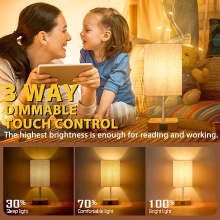 Touch Control USB Table Lamp, Dimmable Nightstand Lamps with USB Charging Ports, Small Touch Lamp with Wood-grain Base ＆ Fabric Shade for Bedroom, Living Room, Children's room, Bulb Included, 2 Pack