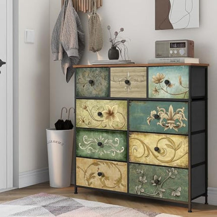 VEDECASA Dresser with Drawer for Bedroom with 9 Fabric Drawers Retro Floral Pattern Chest of Drawer Dresser for Living Room Nursery Entryway Closet Wood Board Metal Frame