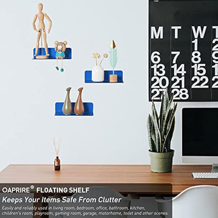 OAPRIRE Acrylic Floating Wall Shelves Set of 2, Damage-Free Expand Wall Space, Small Wall Shelf for Smart Speaker, Action Figures, Monitor with Cable Clips, Stick on, No Drill (Blue)