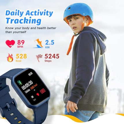 Kids Smart Watch for Boys,IP68 Waterproof Kids Fitness Tracker Watch with 1.5 Inch DIY Face,Heart Rate Sleep Monitor,19 Sport Modes,Calories Counter,Alarm Clock,Great Gifts for Children 6+ (Blue)