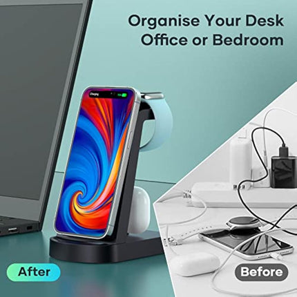 bakibo 3 in 1 Wireless Charging Station, Wireless Charger for iPhone 15/14/13/12/11/Plus/Pro/Max, Wireless Charging Stand Dock for Apple Watch 9/8/Ultra/7/6/SE, AirPods 3/2/1/pro (with Adapter), Black