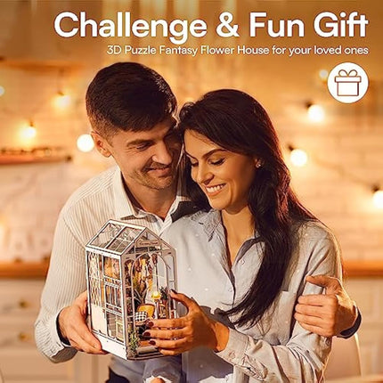 ROBOTIME Book Nook Kit Gardenhouse with LED Lights, DIY Miniature Dolls House Kit 3D Wooden Puzzle Bookend Booknook Book Shelf Decoration Gift