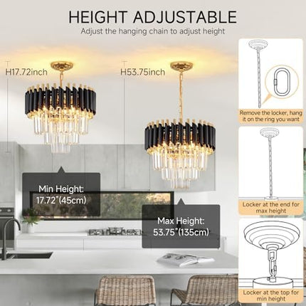 AOOCHOK Black and Gold Crystal Chandelier Pendant Light, Small Modern Crystal Chandelier for Entryway, Corridor, Balcony, Porch, Restaurant, Door Opening, E27 x 3, Φ40cm