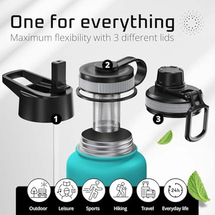 Stainless Steel Water Bottle with Straw & 3 Lids: 1 & 0,5L Leak-Proof BPA-Free Vacuum Insulated ACTIVE FLASK Drinking Bottles Hot Cold: Double Walled Outdoor Drink Thermo Mug Tea Coffee Sport Gym Bike