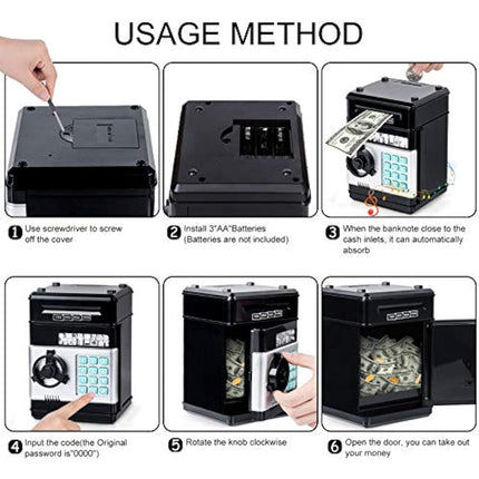 Thedttoy Digital Money Box Mini ATM Safe Money Bank for 3 4 5+ Years Old Kids, Cash Coins Saving Box Safe Money Box for Boys Girls, Perfect Piggy Bank Toy Gifts for Birthday Children's Day (Black)