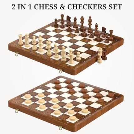 Tumu 2 in 1 Chess Set for Adults Kids - 16 Inch Magnetic Wooden Chess Board with Checkers, 2 Extra Queens, Folding Travel Chess Set with Storage Slots, Gift Toys for Boys Girls