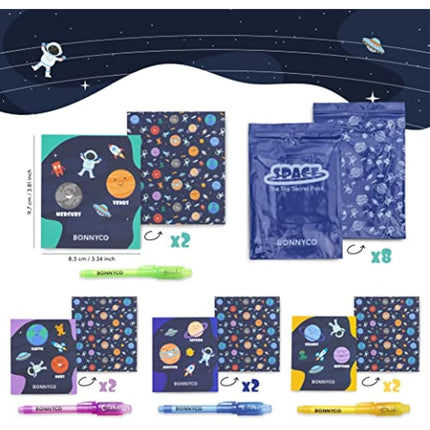 BONNYCO Invisible Ink Pen and Notebook, Pack 8 Space Party Bag Fillers for Kids, Pinata Toys | Birthday Decorations | Stocking Fillers for Kids Birthday | School Prizes, Space and Universe Gifts