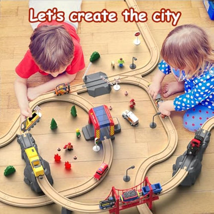 Giant bean Wooden Train Set 72 PCS, Wooden Train Tracks & Train Toys, Toddler Model Train Set, Toy Railway Kit for Kids Age 3 4 5 Year Old,Gift for Boys and Girls (Fire Station Theme)