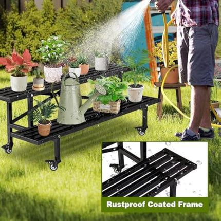 CStern Flower Shelf with Wheels, Metal Flower Stand, 2 Levels Flower Stairs, Black Plant Shelf, Plant Stairs, Flower Bench, Plant Stand, Flower Frame, Plant Shelf for Indoor, Outdoor, Garden, Balcony