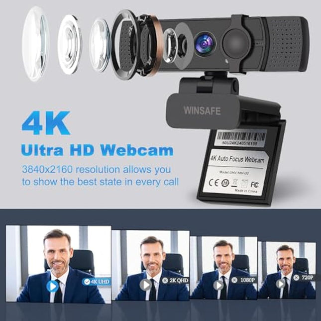 WINSAFE Webcam 4K, Ultra HD Video Calling, AI Auto Focus, Dual Noise-Canceling Microphones, 70° FOV, 1080P@60FPS, Privacy Cover, Plug&Play PC Camera, Works with Teams, Zoom, OBS, Skype, Google Meet