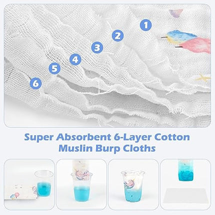Maliton Muslin Cloths for Baby,6pk 50x25CM Burp Cloths for Baby Girls,100% Cotton Absorbent& Soft& Breathable 6 Layers Baby Muslins Pack,Muslin Squares Baby Essentials for Newborn(Fairy Tale, 6 Pack)