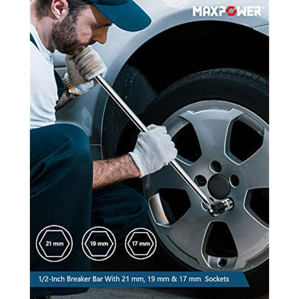 MAXPOWER 24 inch 1/2'' Drive Breaker Bar with Socket Set, 600mm Breaker Bar with 125mm Extension Bar and 17mm, 19mm, 21mm Socket