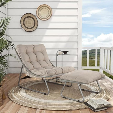Grand patio Sun Lounger for garden, Garden lounger with Side Table and footstool, Recliner Chair with Removable Cushion for Adults, Reclining Garden chairfor Patio, Living Room, Outdoor, Champagne