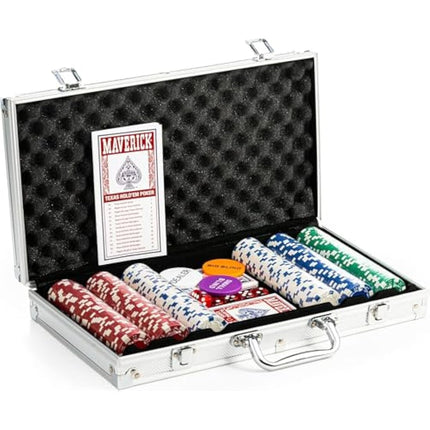 Cartamundi Maverick Texas Hold'em Poker Set, 300 Piece in Aluminium Case with 11.5g Heavyweight Poker Chips, 2 Decks of Playing Cards, Dealer Big Blind and Small Blind Buttons and 5 Dice, Grey