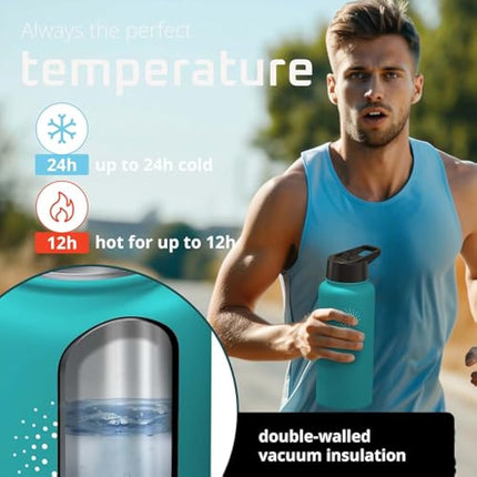 Stainless Steel Water Bottle with Straw & 3 Lids: 1 & 0,5L Leak-Proof BPA-Free Vacuum Insulated ACTIVE FLASK Drinking Bottles Hot Cold: Double Walled Outdoor Drink Thermo Mug Tea Coffee Sport Gym Bike