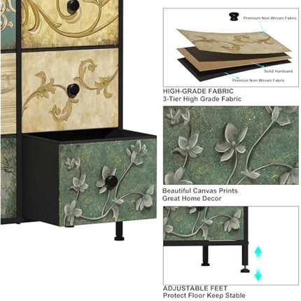 VEDECASA Chest of Drawers with 8 Drawers Narrow Tall Dresser for Bedroom Retro Floral Pattern Clothes Storage Organiser Unit for Living Room Entryway Closet Wood Board Metal Frame