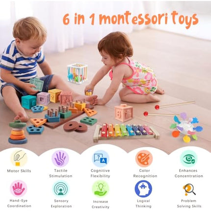 Aliex 6 in 1 Montessori Toys for Babies 12 Months, Baby Toys Stacking Rings Blocks Wooden Shape Sorter Activity Cube Xylophone Gifts for Baby Boys Girls