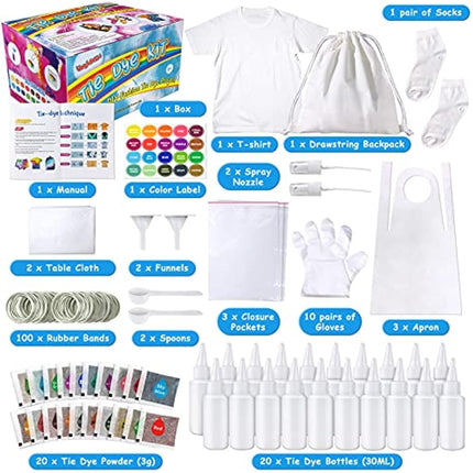 UNGLINGA Tie Dye Kit Kids & Adults, 20 Colors Tie Dye Art Craft for Kids Girls Boys Adults, with White T-shirt Socks Backpack Table Cloth Apron, DIY for Group Activity Birthday Gifts