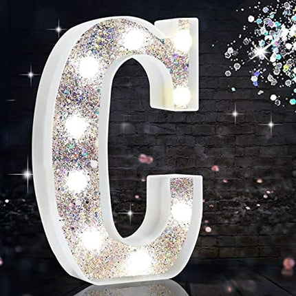 LED Marquee Letter Lights, Light Up Silver Letters for Bedroom Glitter Gifts for Teenage Girls Alphabet Letter Sign Battery Powered Night Light Birthday Party Wedding Home Decoration, Silver Letter C