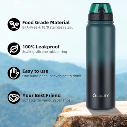 OLDLEY Stainless Steel Water Bottle with Straw 1L Vaccum Insulated Large Drink Flask Metal Water Bottles 1 Litre Leakproof Keep Drinks Hot Cold for Sports Gym Adult Women Men(Green Black, 1 Lid)