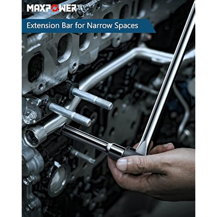 MAXPOWER 24 inch 1/2'' Drive Breaker Bar with Socket Set, 600mm Breaker Bar with 125mm Extension Bar and 17mm, 19mm, 21mm Socket