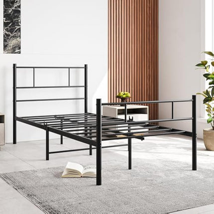BORPHOM 3ft Single Bed Frame with Headboard,Solid Slatted Bed Base,Strong Iron Bedstead For Adults,Underbed Storage Space,Black
