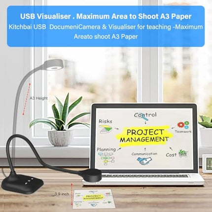 Kitchbai Visualiser, USB Document Camera for Teaching, PC Camera for Classroom with Auto Focus, MIC, LED Light, Image Invert, Fold, for Mac OS, Windows, Chromebook, for Distance Learning, Online Art