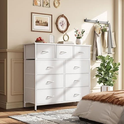 CAIYUN Chest of Drawers,Dresser for Bedroom with 9 Drawers,Fabric Dresser with Wood Top and Large Storage Space, Easy to Assemble, for Bedroom, Living room, White