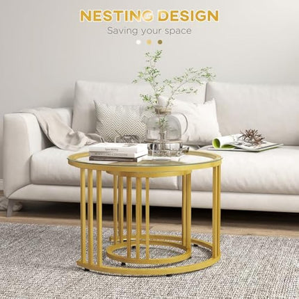 HOMCOM Nest of Tables, Round Coffee Tables Set of 2 with Tempered Glass Top and Steel Frame for Living Room, Gold Tone