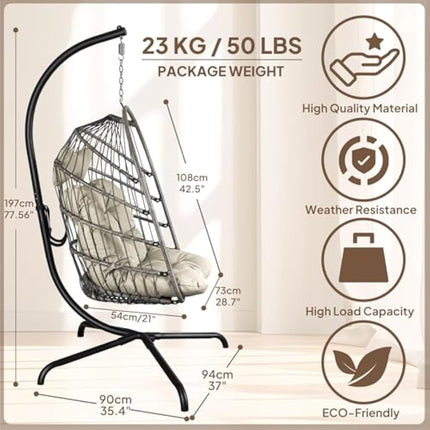 Chihee Egg Chair With Ultra Strong Stand and Cushion - Foldable Wicker Rattan Hanging Swing for Indoor Outdoor Patio Lounging - 330 lbs Capacity Hammock for Balcony, Porch, Bedroom, Garden