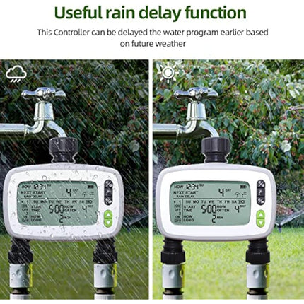 Aqualin Watering Irrigation System Sprinkler Water Hose Timer 2 Zone with FSTN Large LCD Screen for Garden Plants