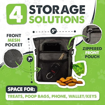 Mighty Paw Dog Treat Pouch 2.0 | Pet Training Hands-Free Snack Bag w/Strap. Holds 2 Cups Kibble, Phone & Keys. Magnetic Clasp & Waist Belt Clip. Includes 1 Roll of Poop Bags (Green/Grey)