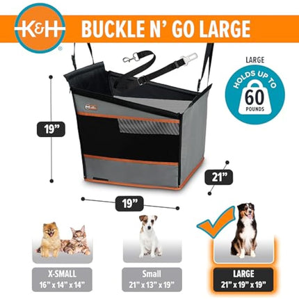 K&H Pet Products Buckle N' Go Dog Car Seat for Large Dogs, Waterproof Fabric with Breathable Mesh & Adjustable Dog Seat Belt for Car, Dog Hammock for Car, Dog Carrier Dog Car Seat Cover - Gray MD/LG