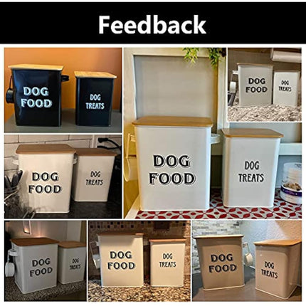Pet Food and Treats Containers Set with Scoop for Cats or Dogs - Beige Powder-Coated Carbon Steel - Tight Fitting Wood Lids - Storage Canister Tins - Dog Food